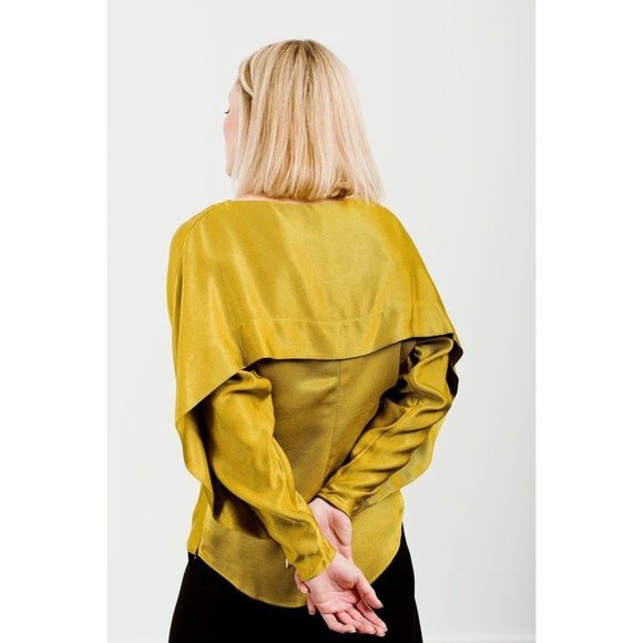 Palmer// Harding Woman's Sz 4/6 Golden‎ Yellow Slash Ruched Blouse Navy - Picture 3 of 12